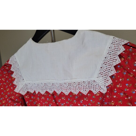 Vintage 70s Cinderella Red Floral Prairie Dress Lace Trim Size 14 Made in USA - Picture 4 of 12